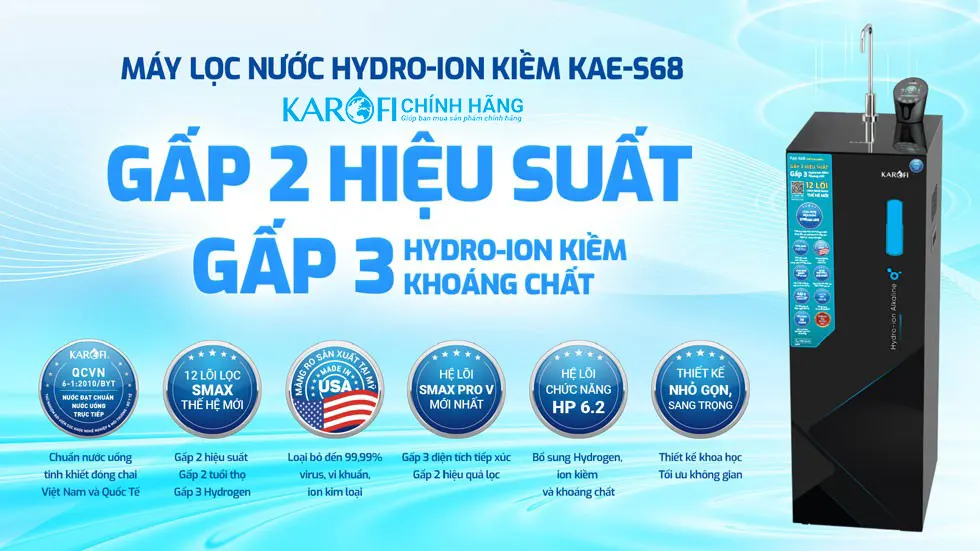 Máy lọc nước Hydro-ion kiềm Karofi KAE-S68 gấp đôi hiệu suất