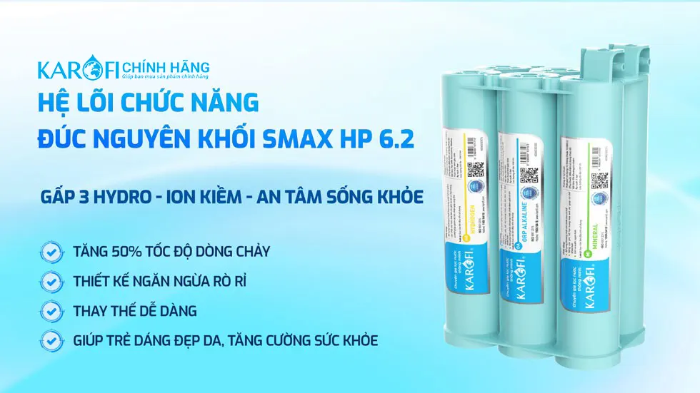 Máy lọc nước Hydro-ion kiềm Karofi KAE-S68 bộ lõi SMAX 6.2