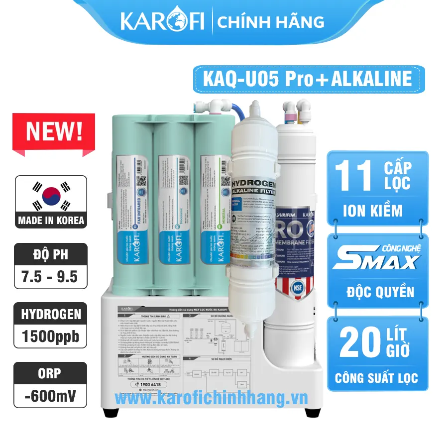 Máy lọc nước hydrogen ion kiềm Karofi KAQ-U05 Pro+AKLALINE - 11 Lõi