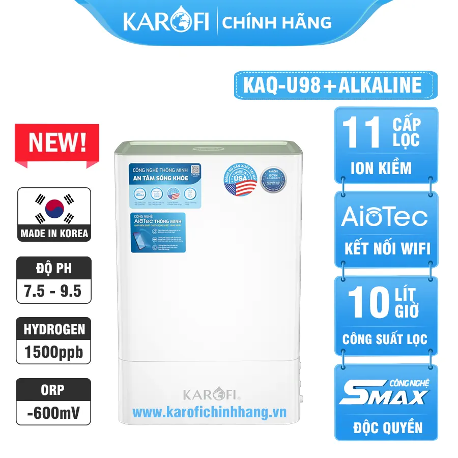 Máy lọc nước hydrogen ion kiềm Karofi KAQ-U98+ALKALINE - 11 lõi