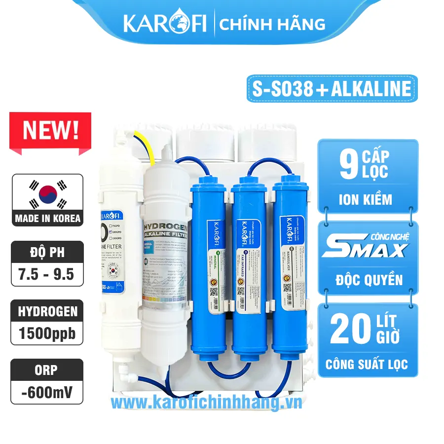 Máy lọc nước hydrogen ion kiềm Karofi S-S038+ALKALINE - 9 lõi