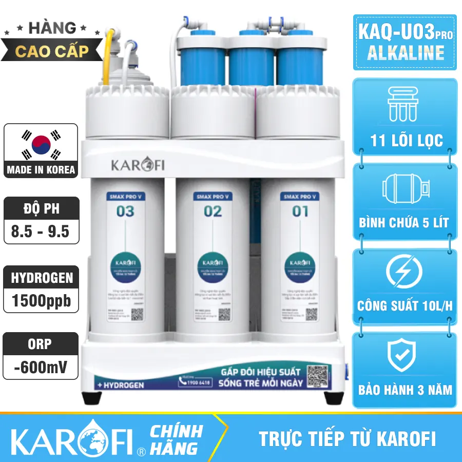 Máy lọc nước hydrogen ion kiềm Karofi KAQ-U03 PRO+ALKALINE - 11 lõi