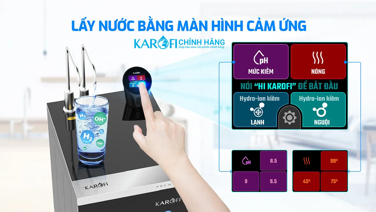 cảm ứng 1 chạm Máy lọc nước nóng lạnh Hydro-ion kiềm Karofi KAE-S88 PROMAX