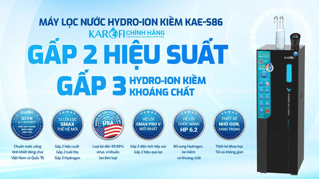 Máy lọc nước nóng lạnh Hydro-ion kiềm Karofi KAE-S86 gấp 2 hiệu suất lọc