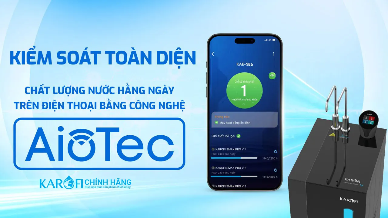 Công nghệ kiểm soát thông minh aiotec Máy lọc nước nóng lạnh Hydro-ion kiềm Karofi KAE-S86