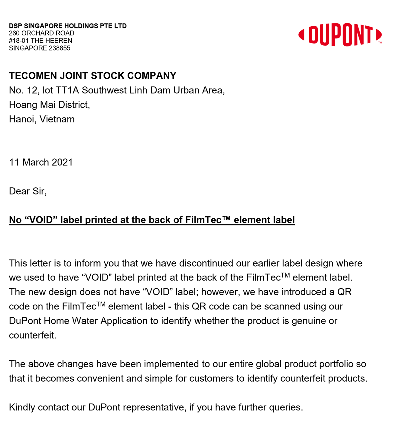Màng lọc RO Dupont Tw50-1812-50HR Thông báo bỏ chữ VOID