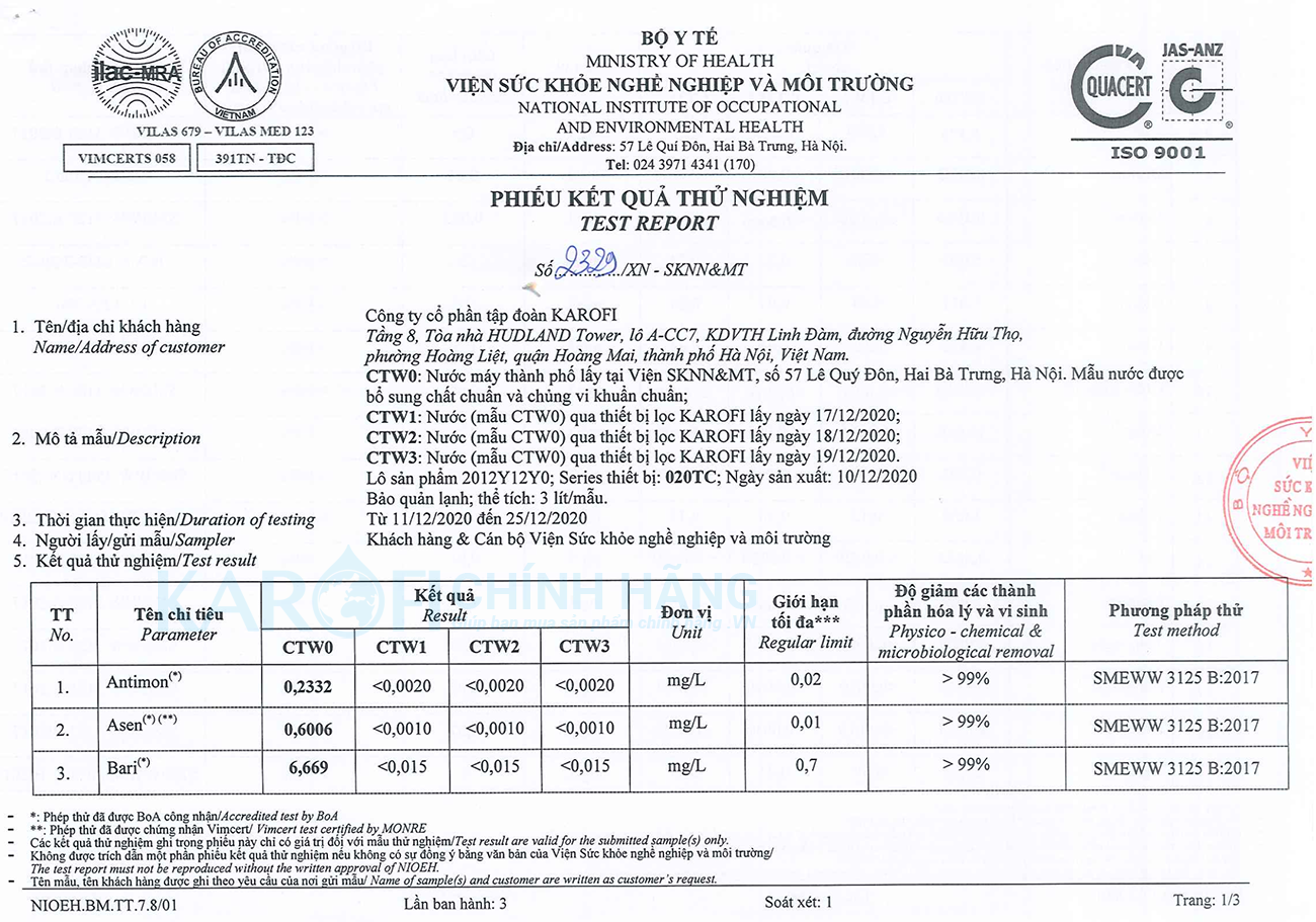 Phiếu kiểm định chất lượng máy lọc nước Karofi ERO