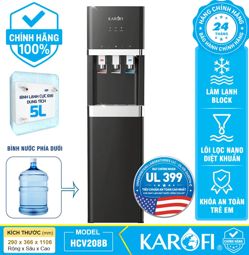 Cây nước nóng lạnh Karofi HCV208B - Bình chứa 5 Lít, mới 2025