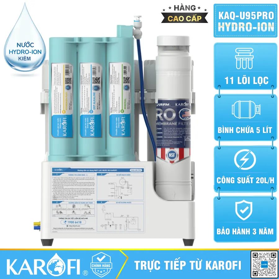 Máy lọc nước Hydrogen ion kiềm Karofi KAQ-U95 Pro + HYDRO-iON KIỀM - 11 Lõi Cao Cấp
